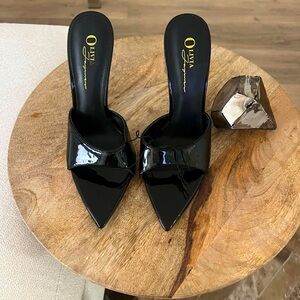 New pointy toe high heeled mule black patent sandal